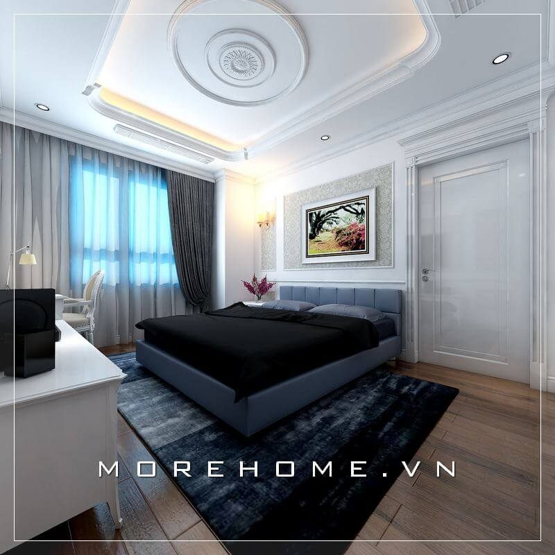 Mẫu giường ngủ bọc da hiện đại với tone màu xanh chủ đạo mang đến cho gia chủ một không gian nghỉ ngơi đầy sang trọng và thoải mái
